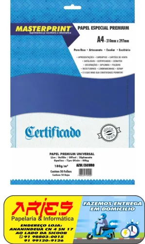 PAPEL OFFSET SULFITE OPALINE DIPLOMATA AZUL ESCURO A4 180G 50 FOLHAS MASTERPRINT