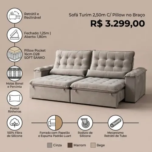 Sofá Retrátil e Reclinável 2,50 e 2,90m Molas ensacadas C/PillowTop - Produto NOVO