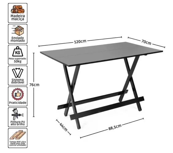 Mesa Dobrável Preta 6 Cadeiras 