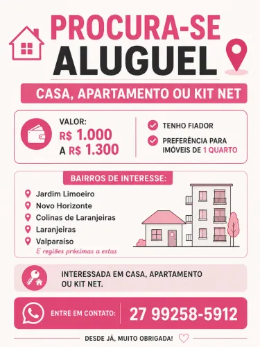 Procura-se apartamento, casa ou kit net