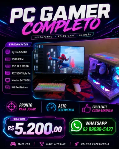 PC Gamer Completo Ryzen 5 5500 + RX 7600 + Monitor 180Hz