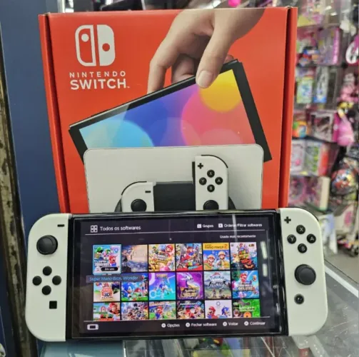 NINTENDO SWITCH OLED DESBLOQUEADO BRANCO SEMINOVO 256GB 30 JOGOS