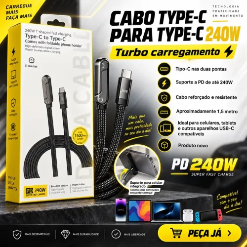 CABO TYPE-C PARA TYPE-C 240W - TURBO CARREGAMENTO ?