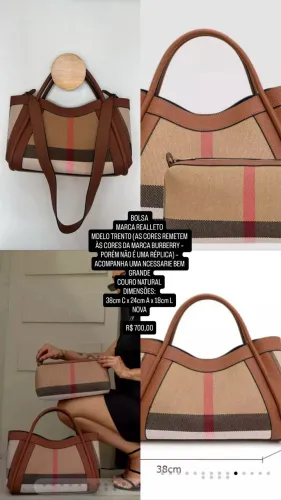 BOLSA REALLETO ORIGINAL COURO LEGÍTIMO CORES QUE REMETEM À MARCA BURBERRY