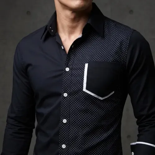 Camisa Social Masculina Slim Fit Preta com Detalhe em Poá e Bolso Contrastante - Estilo