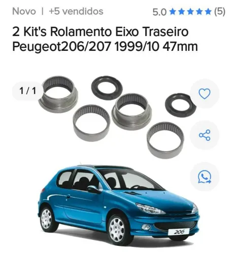 2 bucha de nilon 47mm 2 rolamento do eixo traseiro do Peugeot 206 207 C3
