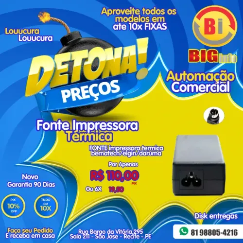 Fonte De Alimentação Impressora Térmica Bematech Mp-4200 / Mp-100 / MP-2500 / MP-2100 
