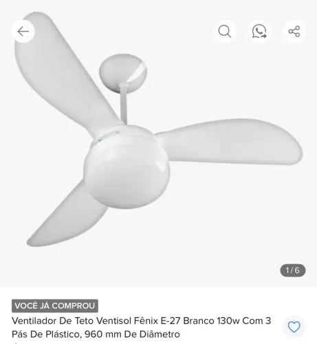 Ventilador De Teto Ventisol Fênix E-27 Branco 130w Com 3 Pás De Plástico