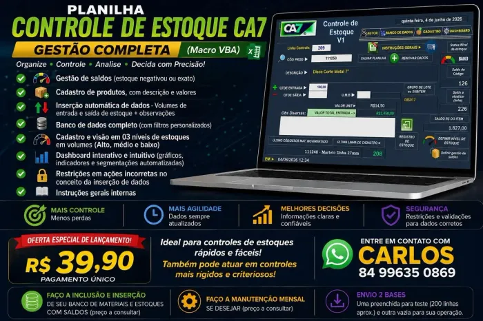 ? PLANILHA CONTROLE DE ESTOQUE CA7 - VBA E MACROS AUTOMATIZADA