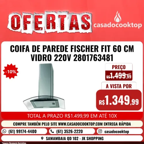 COIFA DE PAREDE FISCHER FIT 60 CM VIDRO 220V 2801763481