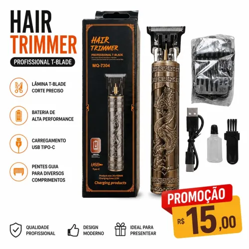 Promoção Aparador de Cabelo Profissional MQ-7304 | Lâmina T | USB Tipo-C | 4 Pentes