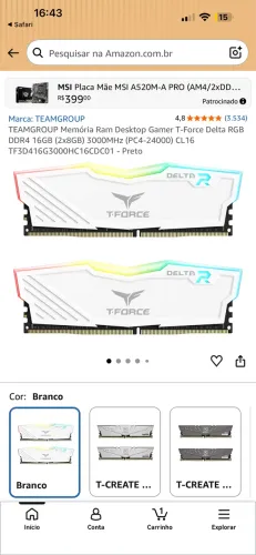 Memória ram DDR4 T FORCE RGB 