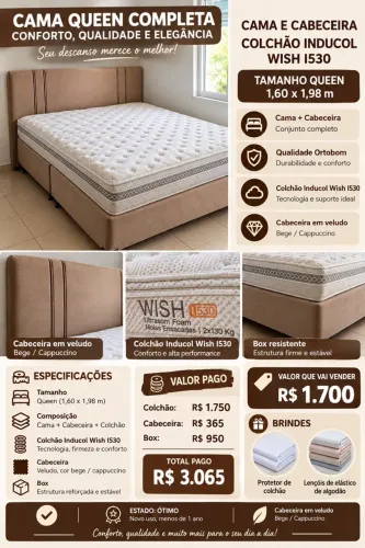 CAMA QUEEN COMPLETA COM COLCHÃO + CABECEIRA + BOX