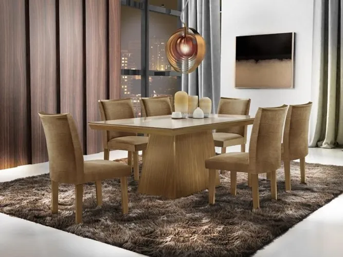 Sala mesa jantar com 6 cadeiras tampo de vidro