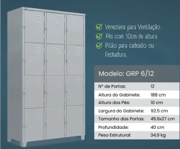 Roupeiro de Aço 12 Portas Pequenas- Armário para Vestiário - GRP6/12