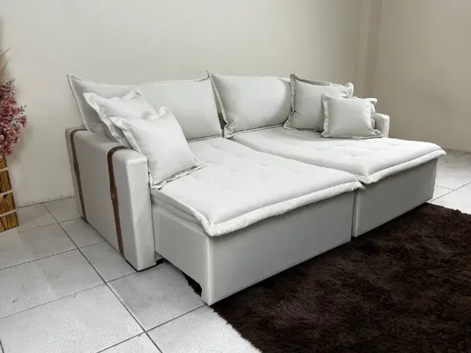 Sofá Cama Retrátil Reclinável Esparta 2.20m - Bege Linho / Marrom Courino