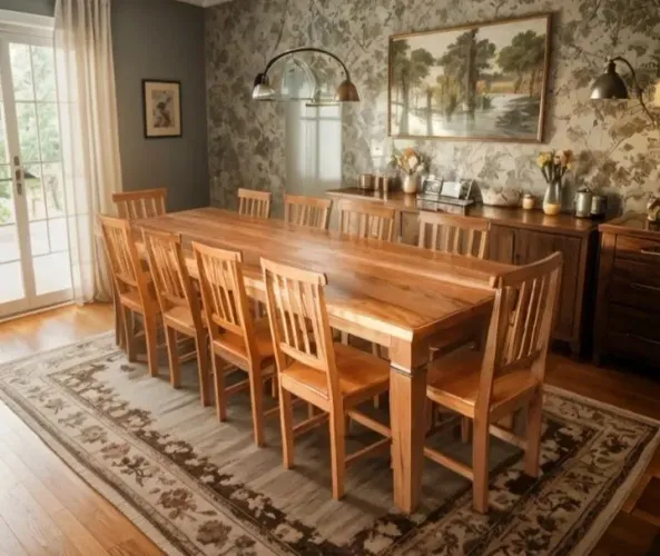 Mesa 270x90 com 10 cadeiras madeira demolição