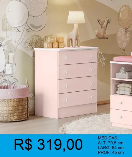 Cômoda Infantil Rosa 4 Gavetas - Novo