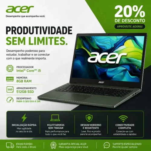 Notebook Acer Intel Core i5 8GB RAM SSD 512GB Tela Full HD - Alto Desempenho para Trabalho