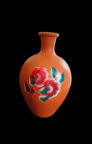 Bela moringa de barro com pintura floral manual, cerâmica de Jaboticabal SP