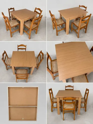 Conjunto Mesa + 4 Cadeiras de Madeira com Assento em Palha -- Conjunto completo