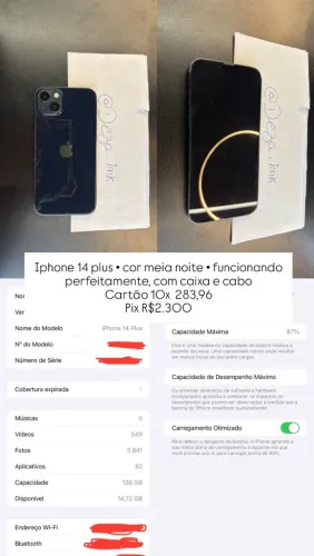 Iphone 14 plus cor Meia noite 128GB com caixa