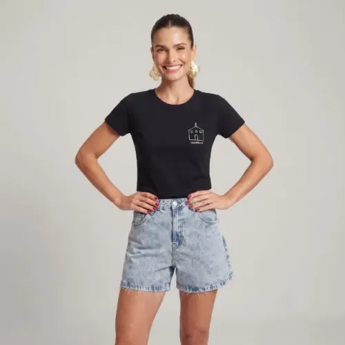 Camiseta Hering Feminina - Preta Algodão Básica - Bordada Guararema-SP