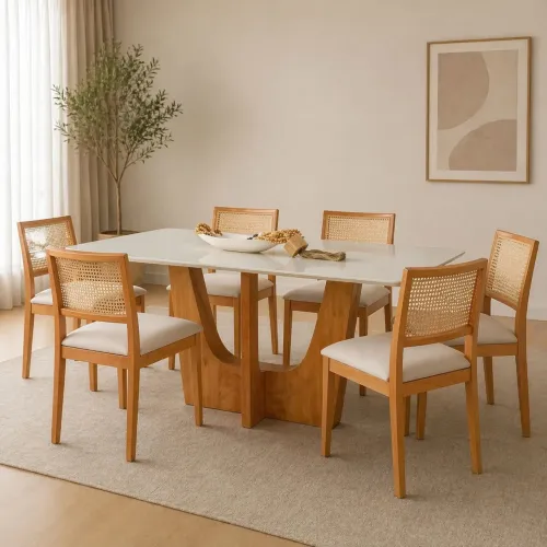 Mesa Jantar 180 Mel/Off White com 6 Cadeiras Telinha Linho Bege tt443