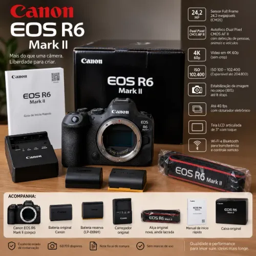 Canon EOS R6 Mark II - Corpo + acessórios originais + bateria reserva