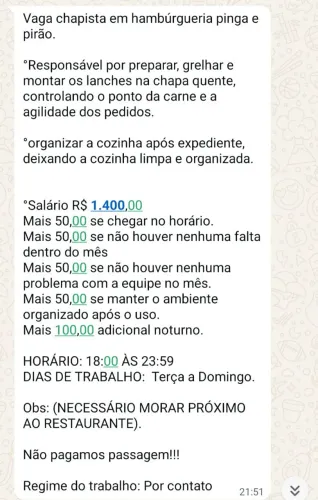 Vaga para chapista. Hamburgueria