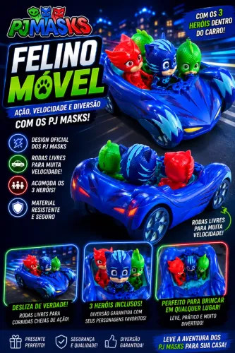 Felino Móvel PJ Masks - Acompanha Corujita e Lagartixo