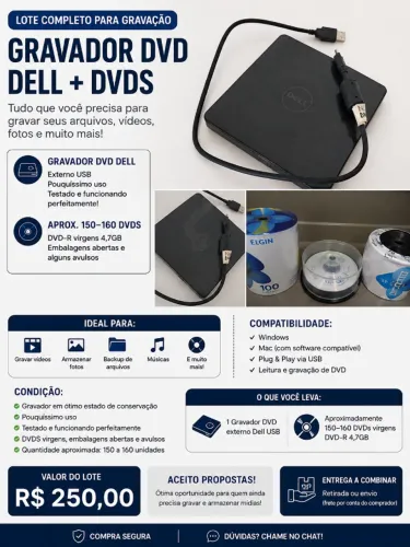 Gravador de DVD externo Dell USB + DVDs virgens