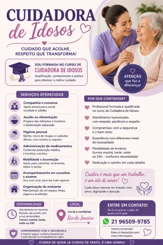Cuidadora de Idosos Formada | Atendimento com Carinho e Responsabilidade RJ