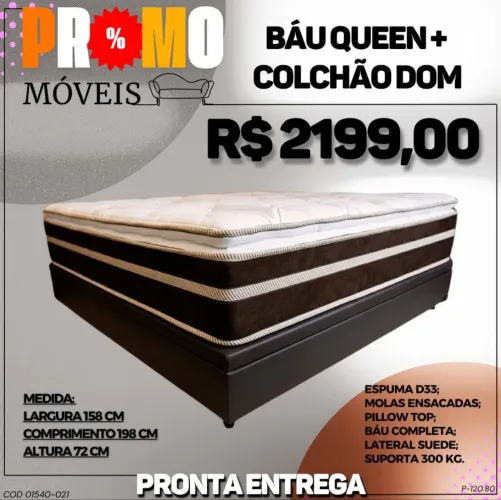 BASE BAÚ QUEEN + COLCHÃO DOM PILLOW TOP 