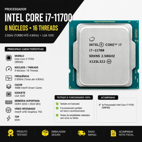 Processador Intel Core i7-11700 8 Núcleos 16 Threads LGA1200 SRKNS - Testado - Nota Fiscal