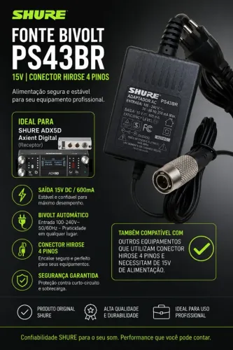 FONTE BIVOLT SHURE PS43BR 15V COM CONECTOR HIROSE 4 PINOS PARA ADX5D AXIENT DIGITAL
