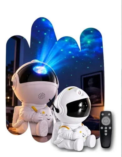 Luminária mini astronauta projetor de estrelas e galáxias