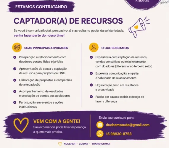 Vaga captador(a) de recursos para Ong
