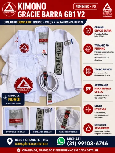 KIMONO GRACIE BARRA GB1 V2 FEMININO + FAIXA OFICIAL
