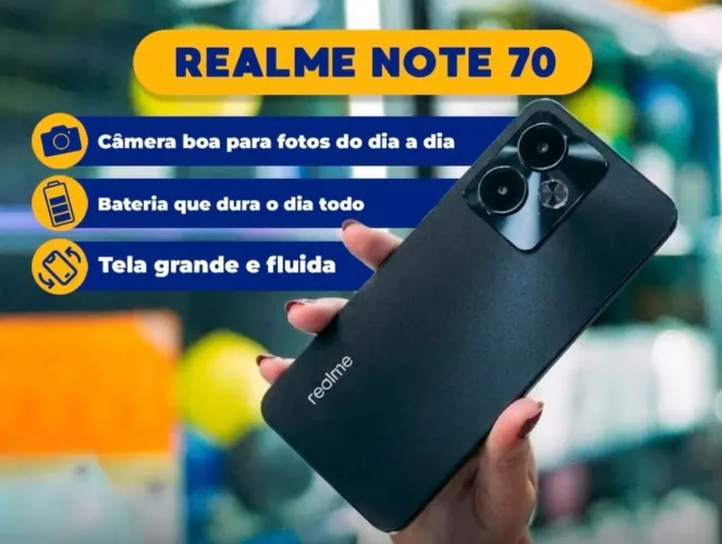 Promoção - Realme Note 70 - Tela fluida Grande 128/4 Preto + Câmera top