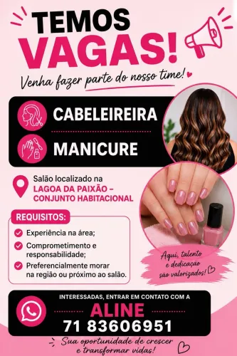Vagas para manicure e cabeleireira