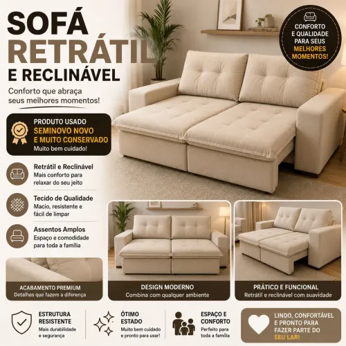 Sofá Retrátil e Reclinável 2,50m Linho Bege - Excelente estado