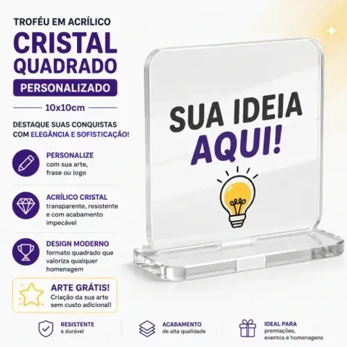 Troféu Personalizado em Acrílico Cristal Quadrado 10x10cm