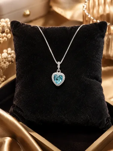Colar Coração Azul Turquesa Prata 925 Veneziana Diamantada 45cm
