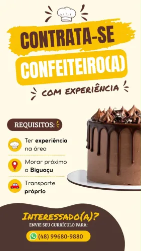 Contrata se confeiteiro(a) com experiência ou Freelance.