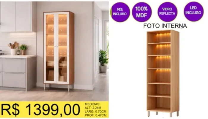 LINDA CRISTALEIRA MDF COM LED E PORTAS DE VIDRO