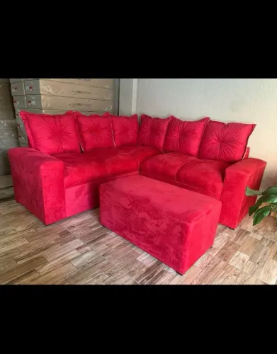Sofá de Canto Com Puff vermelho 