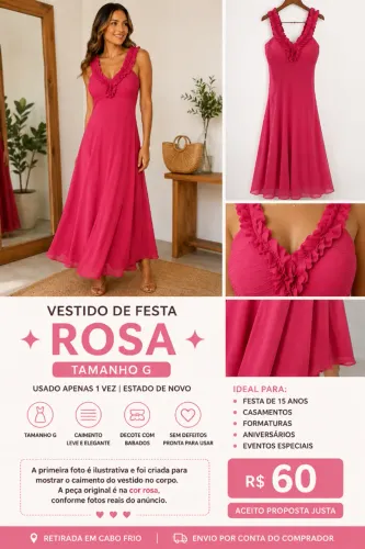Vestido de Festa Rosa Tam. G | Usado Apenas 1 Vez | Estado de Novo