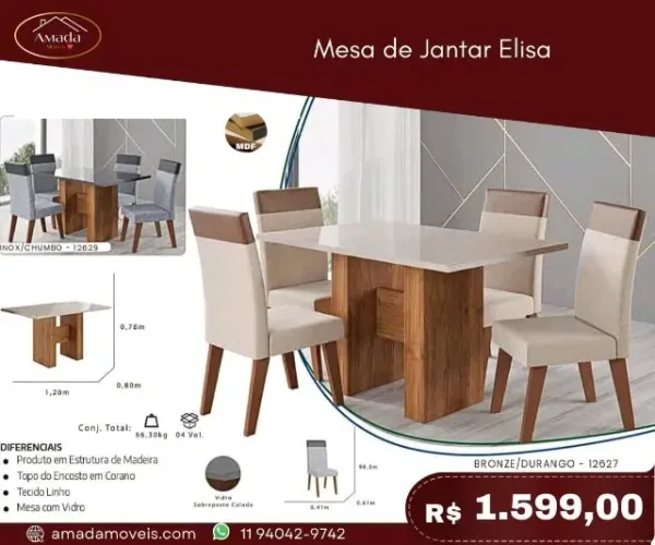 Mesa de Jantar Elisa, a pronta entrega