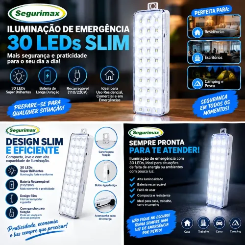 Luminária de Emergência Segurimax 30 LEDs Slim Recarregável